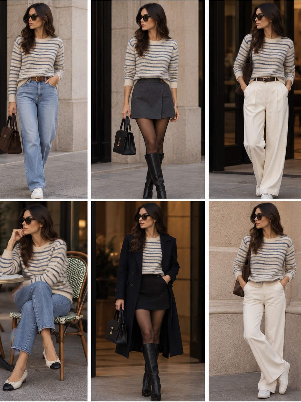 Pam & Gela Cream and Blue Striped Crewneck Sweater